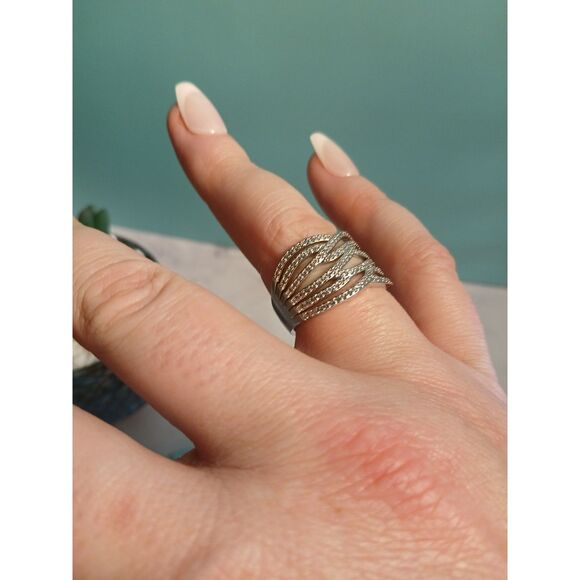 Rhodium-Plated Cubic Zirconia Criss-Cross Wide Band Cocktail Ring - Picture 5 of 11